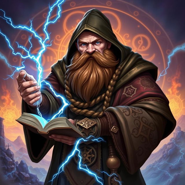 A robust dwarven sorcerer, completely bald and wearing a mystical cowl that enhances his formidable presence, with a thick, brown braided beard that adds to his character