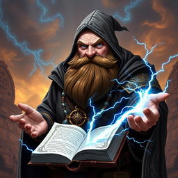 A robust dwarven sorcerer, completely bald and wearing a mystical cowl that enhances his formidable presence, with a thick, brown braided beard that adds to his character