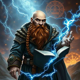 A robust dwarven sorcerer, completely bald and clad in an ornate cowl that adds to his mystical appearance