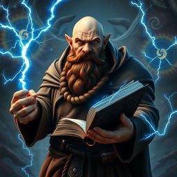 A robust dwarven sorcerer, completely bald and clad in an ornate cowl that adds to his mystical appearance