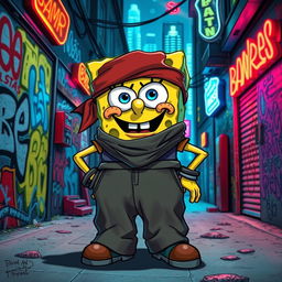 A gritty, urban depiction of SpongeBob SquarePants as a gang member, sporting a stylish bandana, oversized baggy clothes, and street-smart accessories