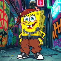A gritty, urban depiction of SpongeBob SquarePants as a gang member, sporting a stylish bandana, oversized baggy clothes, and street-smart accessories