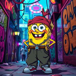 A gritty, urban depiction of SpongeBob SquarePants as a gang member, sporting a stylish bandana, oversized baggy clothes, and street-smart accessories