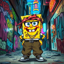 A gritty, urban depiction of SpongeBob SquarePants as a gang member, sporting a stylish bandana, oversized baggy clothes, and street-smart accessories