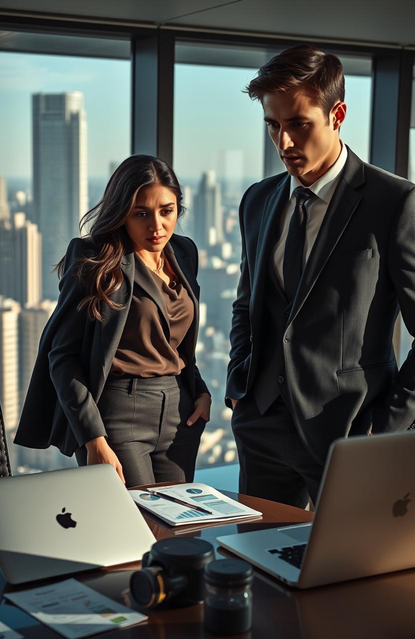 An emotional scene featuring a smart and ambitious young woman named Arissa, dressed in a stylish business outfit, standing in a modern corporate office with large glass windows overlooking a bustling city