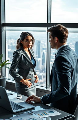 An emotional scene featuring a smart and ambitious young woman named Arissa, dressed in a stylish business outfit, standing in a modern corporate office with large glass windows overlooking a bustling city