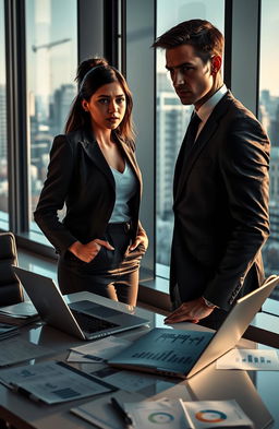 An emotional scene featuring a smart and ambitious young woman named Arissa, dressed in a stylish business outfit, standing in a modern corporate office with large glass windows overlooking a bustling city
