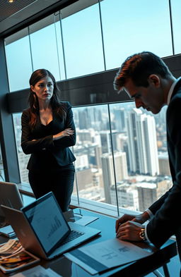 An emotional scene featuring a smart and ambitious young woman named Arissa, dressed in a stylish business outfit, standing in a modern corporate office with large glass windows overlooking a bustling city
