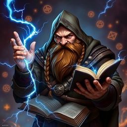 A robust dwarven sorcerer, completely bald and adorned with a dramatic cowl that enhances his mystique, featuring a thick, brown braided beard that showcases his strength and wisdom
