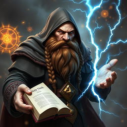 A robust dwarven sorcerer, completely bald and adorned with a dramatic cowl that enhances his mystique, featuring a thick, brown braided beard that showcases his strength and wisdom
