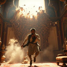 In a lavish royal chamber, Veer, Nivar's younger brother, dramatically crashes through a large window during an uncontrolled flight, colliding forcefully into a sturdy wall
