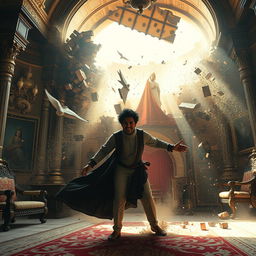 In a lavish royal chamber, Veer, Nivar's younger brother, dramatically crashes through a large window during an uncontrolled flight, colliding forcefully into a sturdy wall