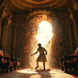In a lavish royal chamber, Veer, Nivar's younger brother, dramatically crashes through a large window during an uncontrolled flight, colliding forcefully into a sturdy wall