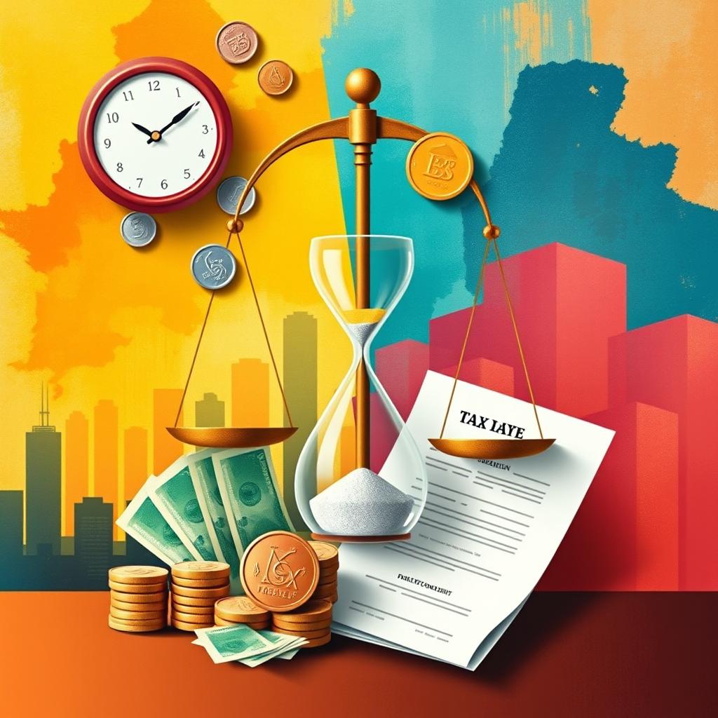 An abstract representation of taxation and finance, showcasing symbolic elements like coins, banknotes, an hourglass representing time, and a tax form