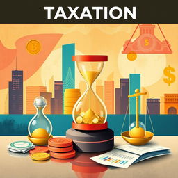 An abstract representation of taxation and finance, showcasing symbolic elements like coins, banknotes, an hourglass representing time, and a tax form