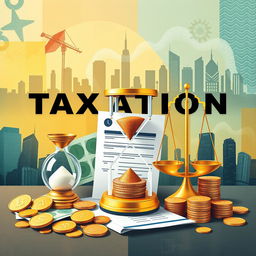 An abstract representation of taxation and finance, showcasing symbolic elements like coins, banknotes, an hourglass representing time, and a tax form