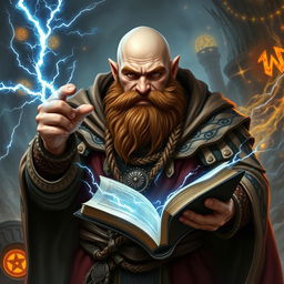 A robust dwarven sorcerer, completely bald, dressed in a flowing, intricately designed cowl that accentuates his strong stature