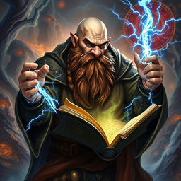 A robust dwarven sorcerer, completely bald, dressed in a flowing, intricately designed cowl that accentuates his strong stature