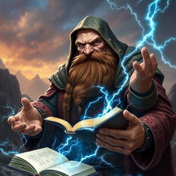 A robust dwarven sorcerer, entirely bald, wearing a dramatic cowl that adds to his commanding presence