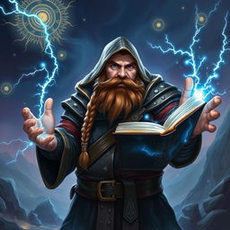 A robust dwarven sorcerer, entirely bald, wearing a dramatic cowl that adds to his commanding presence