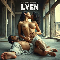 A cinematic movie poster depicting an alien-inspired sensual scene featuring a striking woman reminiscent of Nushrat Bharucha, represented as an otherworldly figure