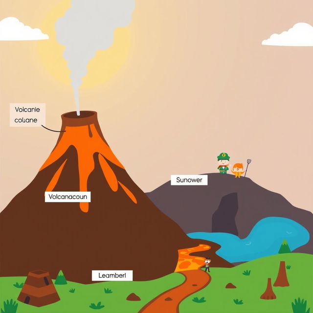 An animated illustration of a volcano showcasing its components, including a chimney, the volcanic cone, and the main crater