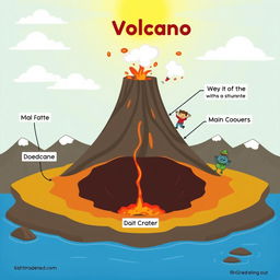 An animated illustration of a volcano showcasing its components, including a chimney, the volcanic cone, and the main crater