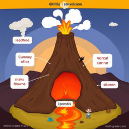An animated illustration of a volcano showcasing its components, including a chimney, the volcanic cone, and the main crater
