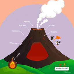An animated illustration of a volcano showcasing its components, including a chimney, the volcanic cone, and the main crater