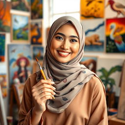 A portrait of a talented hijab-wearing female artist, showcasing her vibrant personality and creativity