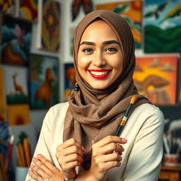 A portrait of a talented hijab-wearing female artist, showcasing her vibrant personality and creativity