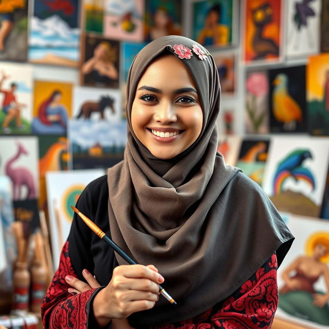 A portrait of a talented hijab-wearing female artist, showcasing her vibrant personality and creativity