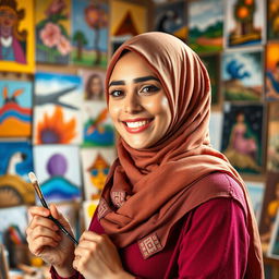 A portrait of a talented hijab-wearing female artist, showcasing her vibrant personality and creativity