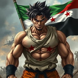 A realistic depiction of a muscular man resembling Goku, emerging from a battlefield, showcasing a big aura around him, looking visibly tired and serious, with his clothes wrinkled and worn, showing signs of a fierce fight