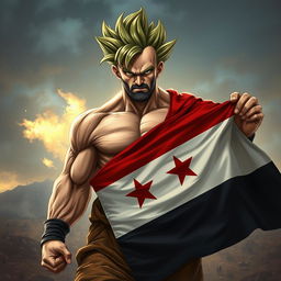 A realistic depiction of a muscular man resembling Goku, emerging from a battlefield, showcasing a big aura around him, looking visibly tired and serious, with his clothes wrinkled and worn, showing signs of a fierce fight