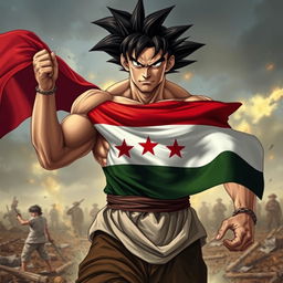 A realistic depiction of a muscular man resembling Goku, emerging from a battlefield, showcasing a big aura around him, looking visibly tired and serious, with his clothes wrinkled and worn, showing signs of a fierce fight