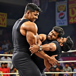 A dramatic wrestling match scene featuring two 21-year-old Bangladeshi men