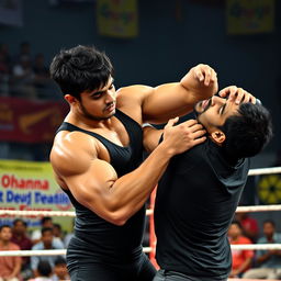 A dramatic wrestling match scene featuring two 21-year-old Bangladeshi men