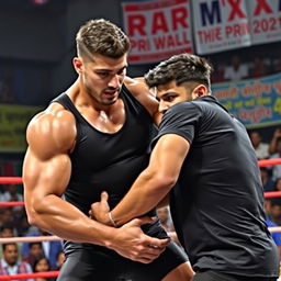 A dramatic wrestling match scene featuring two 21-year-old Bangladeshi men