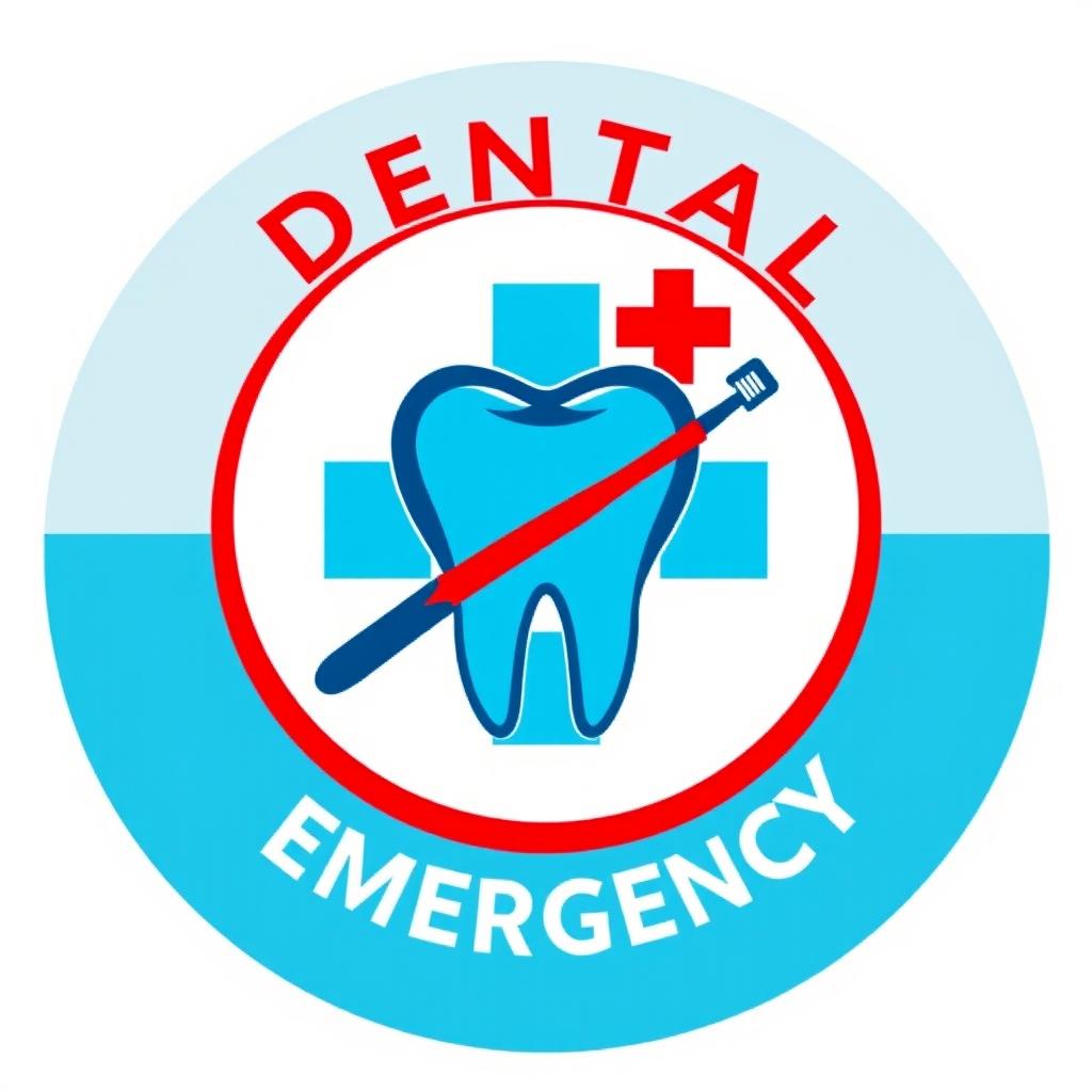 A professional and eye-catching logo for a medical emergency in dentistry poster, featuring a stylized tooth symbol surrounded by a red cross, signifying urgent care