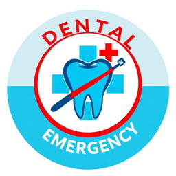 A professional and eye-catching logo for a medical emergency in dentistry poster, featuring a stylized tooth symbol surrounded by a red cross, signifying urgent care