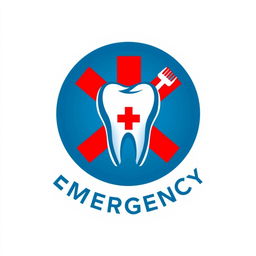 A professional and eye-catching logo for a medical emergency in dentistry poster, featuring a stylized tooth symbol surrounded by a red cross, signifying urgent care