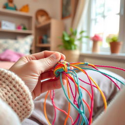A close-up view of a person skillfully weaving vibrant friendship bracelets with colorful threads