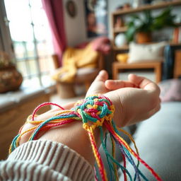 A close-up view of a person skillfully weaving vibrant friendship bracelets with colorful threads