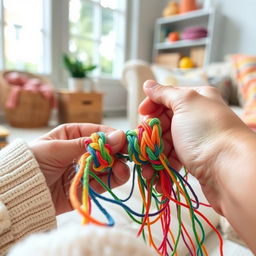 A close-up view of a person skillfully weaving vibrant friendship bracelets with colorful threads