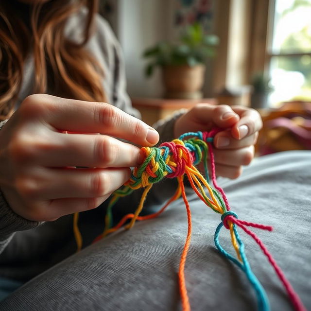 A close-up view of a person skillfully weaving vibrant friendship bracelets with colorful threads