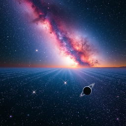 A breathtaking cosmic scene featuring a vast expanse of space filled with countless twinkling stars of various colors, including bright whites, deep blues, and vibrant reds