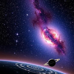 A breathtaking cosmic scene featuring a vast expanse of space filled with countless twinkling stars of various colors, including bright whites, deep blues, and vibrant reds