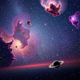 A breathtaking cosmic scene featuring a vast expanse of space filled with countless twinkling stars of various colors, including bright whites, deep blues, and vibrant reds