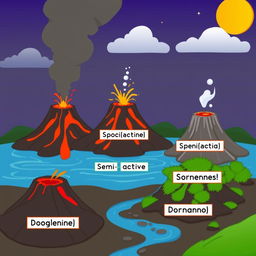 An animated scene featuring multiple volcanoes in different states: active, semi-active, and dormant